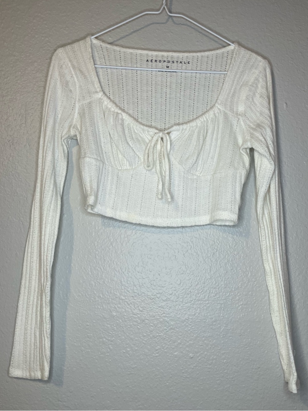 Aeropostale Cream Ribbed Long-Sleeve Tie-Front Crop Top